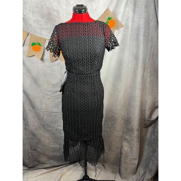 Kay Unger Black Tatum Floral Lace Sheath Midi Dress Size 0 Cocktail $248 - Picture 1 of 8